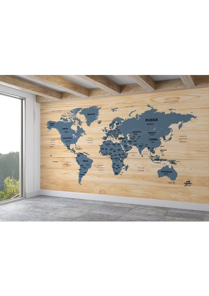 Ingilizce Dünya Haritası Duvar Kağıdı Ahşap Görünümlü Detaylı -1843 fiyatları