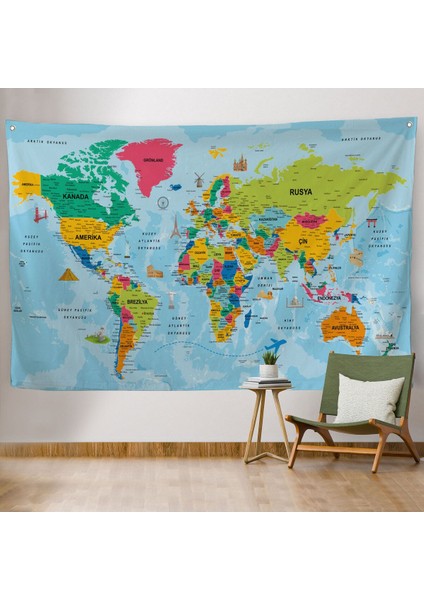 Dünya Haritası Eğitici Ülke Bayraklı Türkçe Harita Çocuk Odası Genç Odası Duvar Örtüsü-Halısı 3865