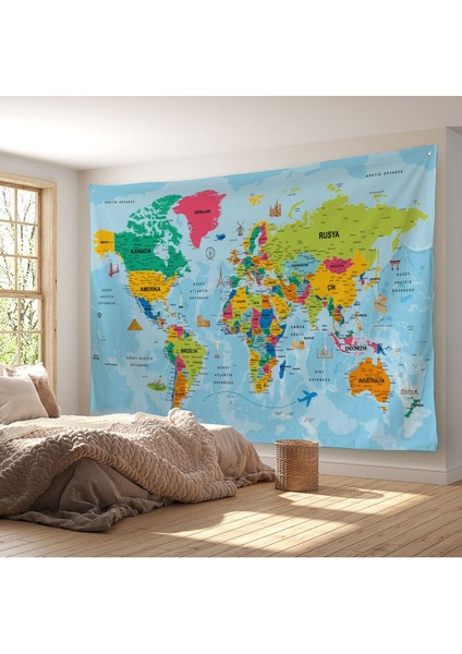Dünya Haritası Eğitici Ülke Bayraklı Türkçe Harita Çocuk Odası Genç Odası Duvar Örtüsü-Halısı 3865
