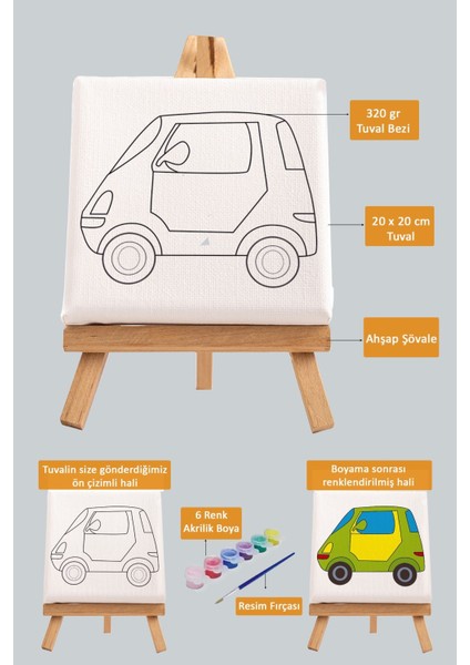 Sevimli Yeşil Araba, Erkek Çocuğu Eğitici Tuval Boyama Hobi SETI-9025
