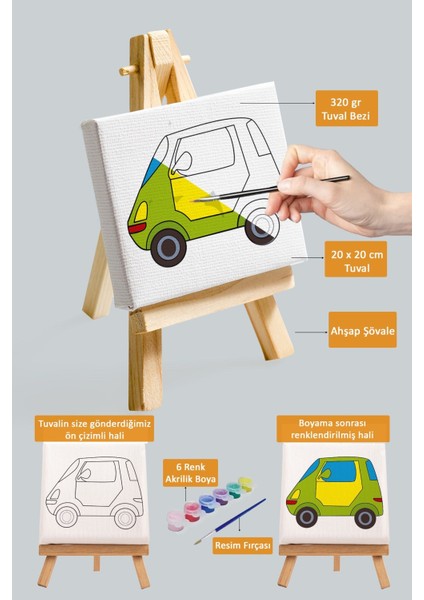 Sevimli Yeşil Araba, Erkek Çocuğu Eğitici Tuval Boyama Hobi SETI-9025 fiyatları