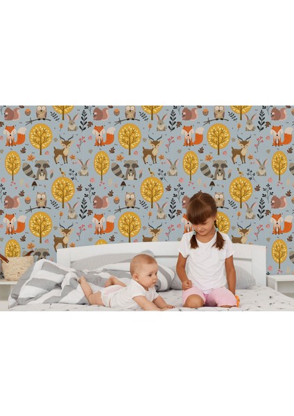 Db Sevimli Doğa Hayvanları Temalı Öğretici Çocuk Odası Duvar KAĞIDI-5728