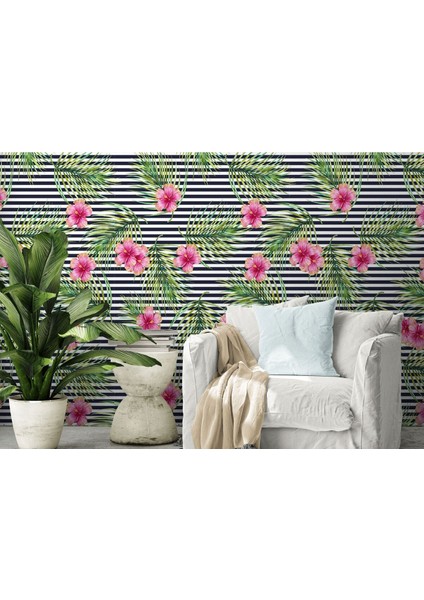 Sybr SERI001 Tropikal Çiçekli Ağaç Yaprakları Duvar KAĞIDI-5563