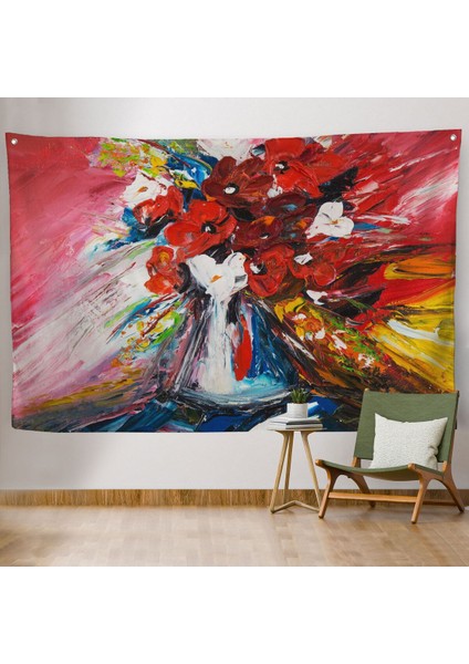 Vazo Içindeki Çiçekler Yağlıboya Görünüm Dekoratif Duvar ÖRTÜSÜ-HALISI-6520