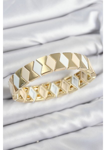 Pirinç Baklava Desenli Krem Beyaz Gold Renk Lastikli Kadın Bileklik