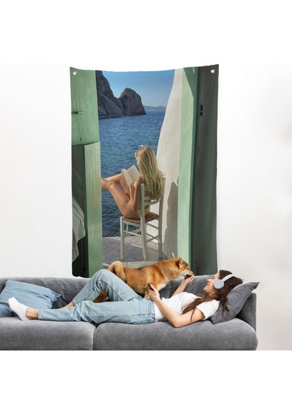 Sahildeki Evınde Kitap Okuyan Kadın Duvar ÖRTÜSÜ-7777