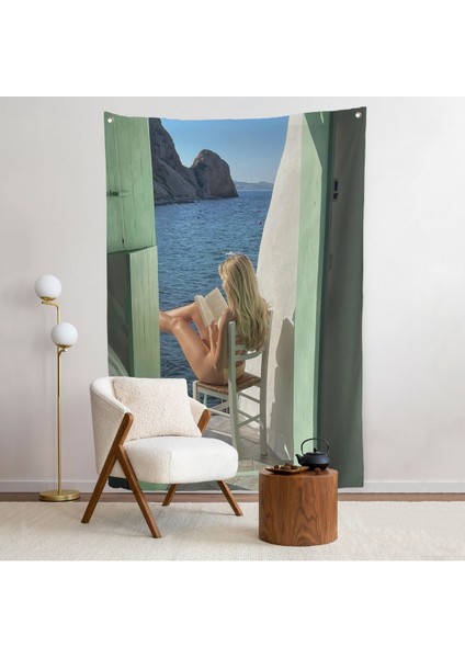 Sahildeki Evınde Kitap Okuyan Kadın Duvar ÖRTÜSÜ-7777