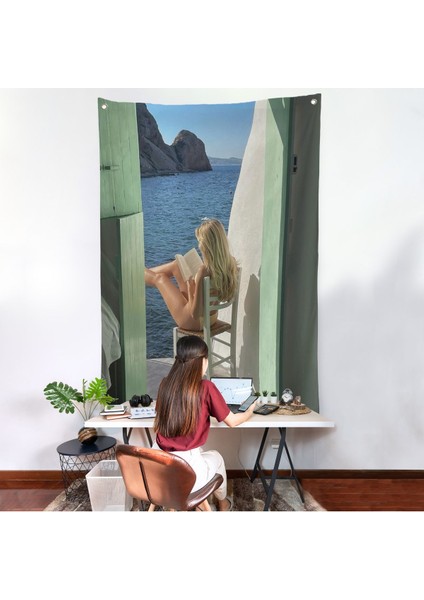 Sahildeki Evınde Kitap Okuyan Kadın Duvar ÖRTÜSÜ-7777