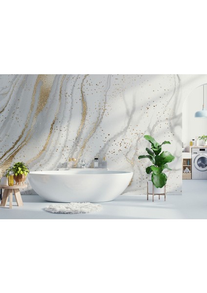Altın ve Beyaz Soyut Mermer Desenli Duvar KAĞIDI-5538