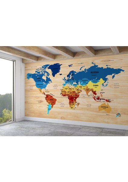 Ingilizce Dünya Haritası Duvar Kağıdı Ahşap Görünümlü Detaylı -1821 fiyatları