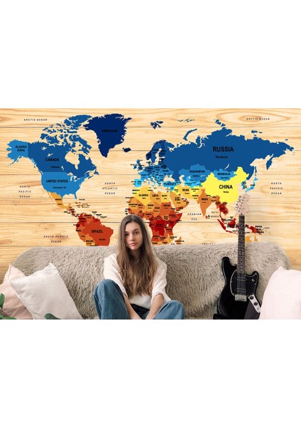 Ingilizce Dünya Haritası Duvar Kağıdı Ahşap Görünümlü Detaylı -1821 fırsatları