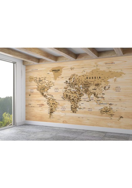 Ingilizce Dünya Haritası Duvar Kağıdı Ahşap Görünümlü Detaylı -1810 fiyatları