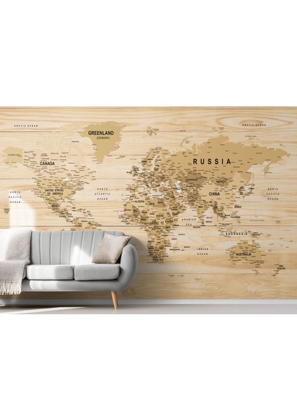 Ingilizce Dünya Haritası Duvar Kağıdı Ahşap Görünümlü Detaylı -1810 modelleri