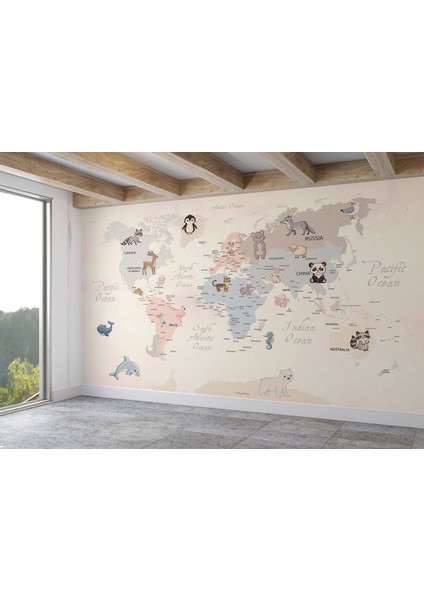 Dünya Haritası Çocuk ve Bebek Odası hayvanlar Alemi Duvar KAĞIDI-3809 fiyatları