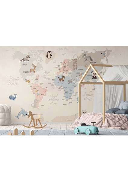 Dünya Haritası Çocuk ve Bebek Odası hayvanlar Alemi Duvar KAĞIDI-3809 modelleri
