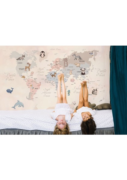 Dünya Haritası Çocuk ve Bebek Odası hayvanlar Alemi Duvar KAĞIDI-3809 fırsatları