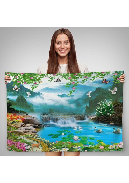 Renkli Çiçekler ve Şelale Manzara Duvar ÖRTÜSÜ-7197