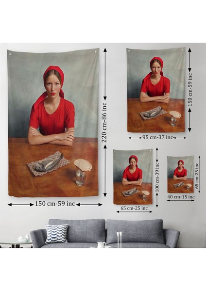 Kımızı Kıyafetli Kız ve Bir Adet Balık Duvar Örtüsü - HALISI-6264 modelleri
