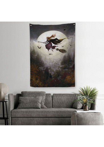 Süpürge ile Uçan Cadı, Cadılar Bayramı Hediyesi, Hallowen Duvar Örtüsü-Halısı -6398