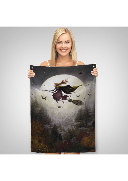 Süpürge ile Uçan Cadı, Cadılar Bayramı Hediyesi, Hallowen Duvar Örtüsü-Halısı -6398 fiyatları