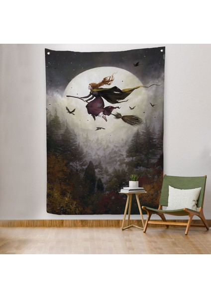 Süpürge ile Uçan Cadı, Cadılar Bayramı Hediyesi, Hallowen Duvar Örtüsü-Halısı -6398