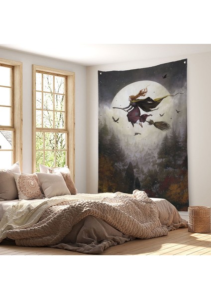 Süpürge ile Uçan Cadı, Cadılar Bayramı Hediyesi, Hallowen Duvar Örtüsü-Halısı -6398