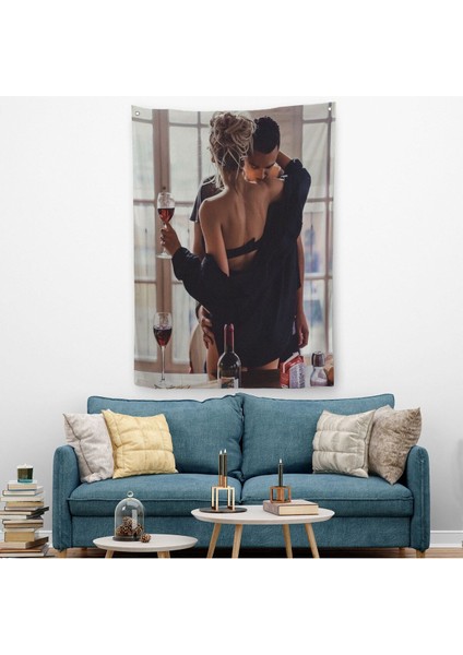 Kırmızı Şarap Içen Sevgililer Dekoratif Duvar Örtüsü - HALISI-6158