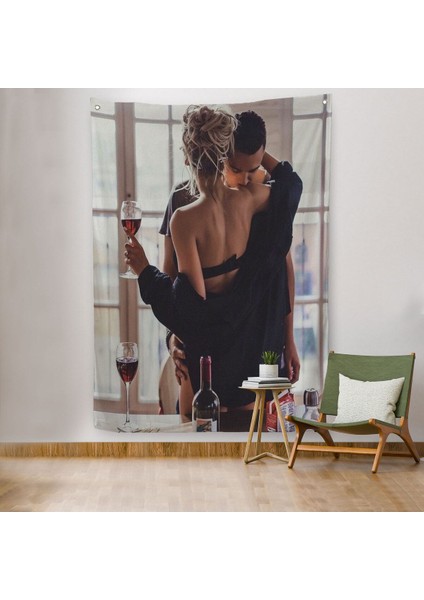 Kırmızı Şarap Içen Sevgililer Dekoratif Duvar Örtüsü - HALISI-6158