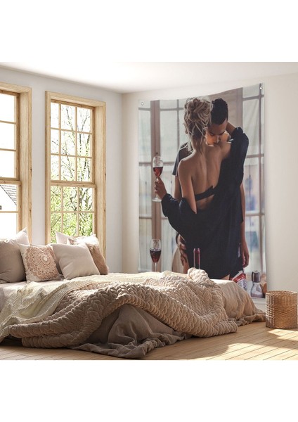 Kırmızı Şarap Içen Sevgililer Dekoratif Duvar Örtüsü - HALISI-6158