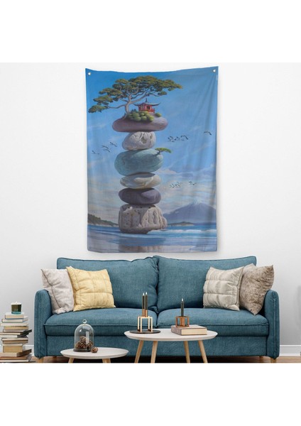Sahilde Renkli Denge Taşları, Meditasyon, Yoga, Spiritüel Baskı Duvar Örtüsü - HALISI-5239