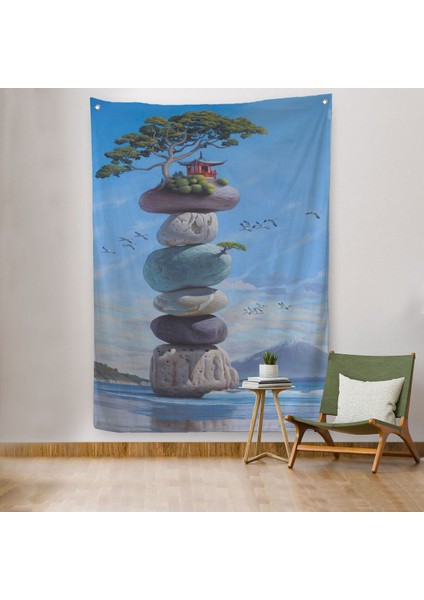 Sahilde Renkli Denge Taşları, Meditasyon, Yoga, Spiritüel Baskı Duvar Örtüsü - HALISI-5239