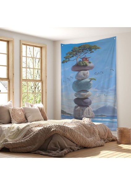Sahilde Renkli Denge Taşları, Meditasyon, Yoga, Spiritüel Baskı Duvar Örtüsü - HALISI-5239