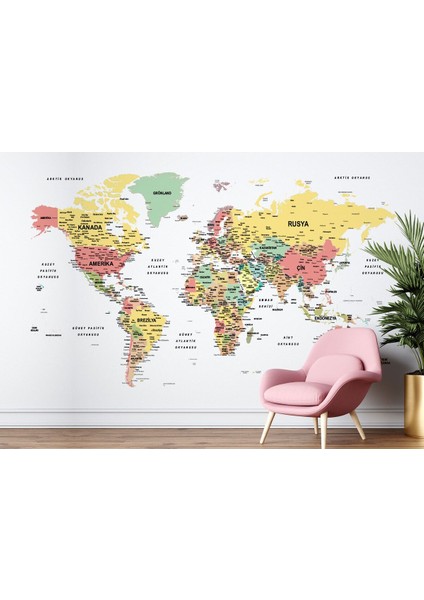 Hg Türkçe Dünya Haritası Dekoratif Duvar Kağıdı Son Derece DETAYLI-1626 fırsatları
