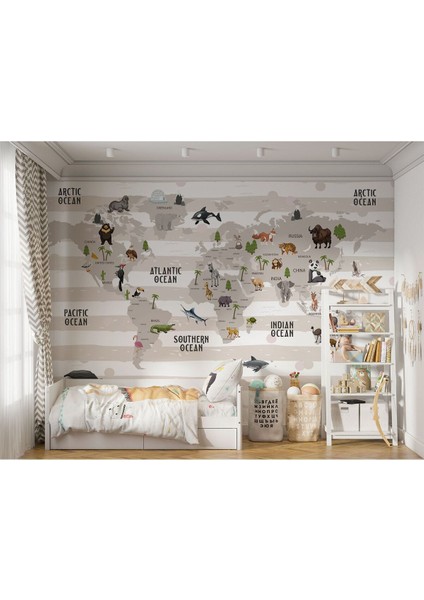 Dünya Haritası Çocuk ve Bebek Odası hayvanlar Alemi Duvar KAĞIDI-3803 fırsatları