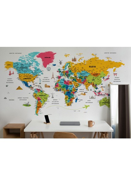 Türkçe Dünya Haritası Son Derece Ayrıntılı Eğitici ve Sembollü Duvar KAĞIDI-3214