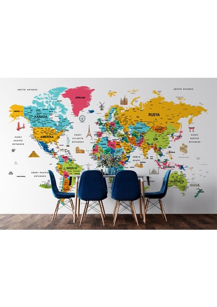 Türkçe Dünya Haritası Son Derece Ayrıntılı Eğitici ve Sembollü Duvar KAĞIDI-3214 fırsatları