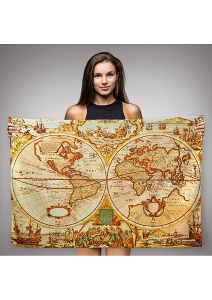 Duvar Örtüsü Eski Wintage Dünya Haritası Kaliteli Kanvas Duvar HALISI-4055 modelleri
