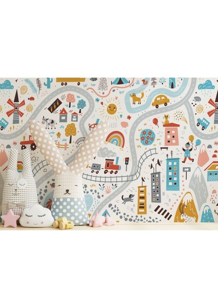 Hg Sevimli Trafik Desenli Öğretici Çocuk Odası Duvar KAĞIDI-5759