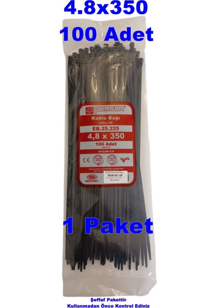 Klips Kablo Bağı 4.8X350 Siyah (100LÜ Paket) Kablo Cırdı