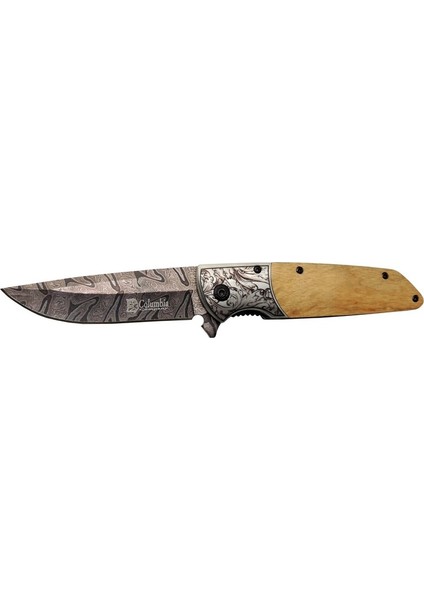 Columbia A2150C Kahve Kamp Çakısı 21CM- Manuel, Ahşap Işlemeli Sap,kemerlikli