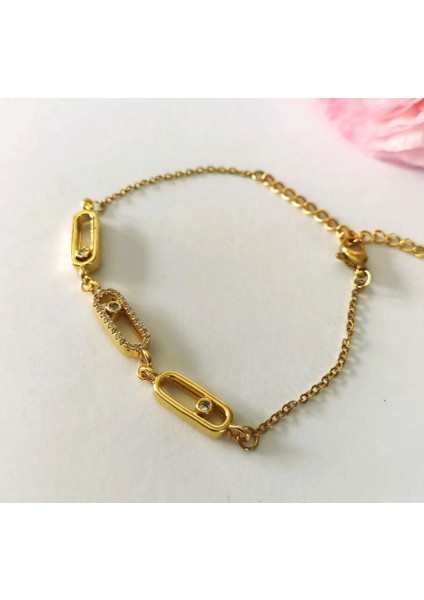 Tek Taş Detaylı Oval Kesim Çelik Gold Bileklik