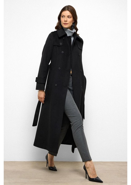 Pelerin Detaylı Kruvaze Uzun Boy Kaban Siyah 3087