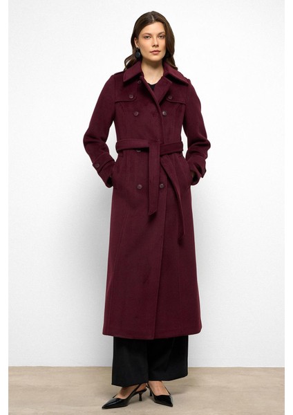 Pelerin Detaylı Kruvaze Uzun Boy Kaban Mürdüm 3087 modelleri