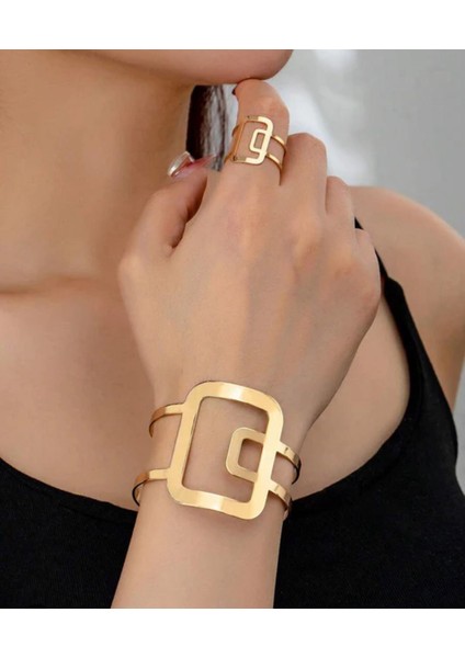 Kadın Paslanmaz Çelik Kare Manşet Hollow Geniş Manşet Bilezik
