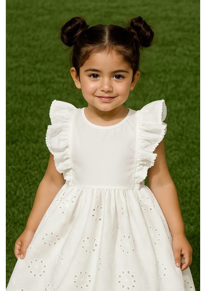 Güpürlü Kolları Fırfırlı Kız Çocuk Elbise