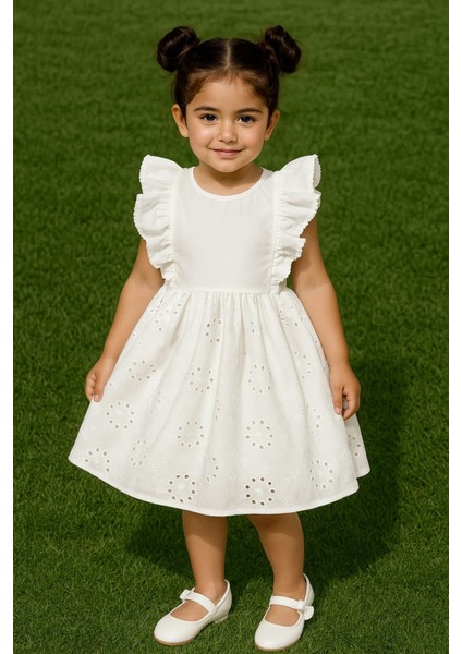 Güpürlü Kolları Fırfırlı Kız Çocuk Elbise fiyatları