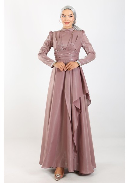 Kol Ağzı Taş İşlemeli Pile ve Volan Detaylı Tafta Saten Tesettür Abiye Elbise GÜL 1215