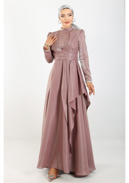 Kol Ağzı Taş İşlemeli Pile ve Volan Detaylı Tafta Saten Tesettür Abiye Elbise GÜL 1215 fiyatları