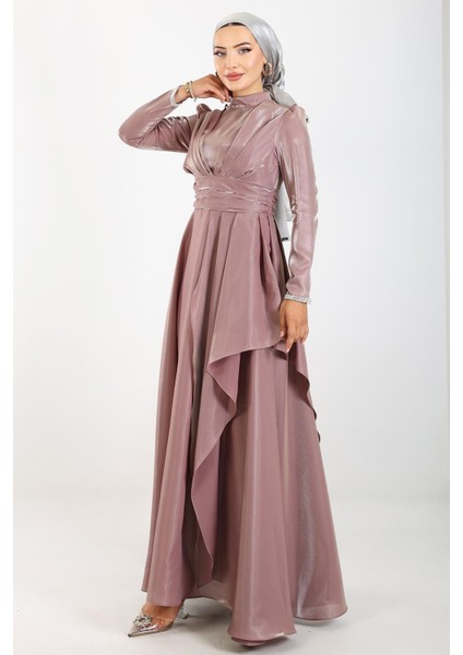 Kol Ağzı Taş İşlemeli Pile ve Volan Detaylı Tafta Saten Tesettür Abiye Elbise GÜL 1215 modelleri