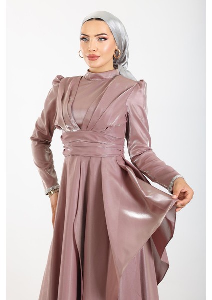 Kol Ağzı Taş İşlemeli Pile ve Volan Detaylı Tafta Saten Tesettür Abiye Elbise GÜL 1215 fırsatları